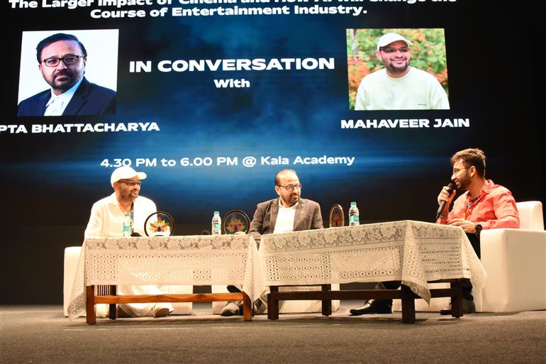 Scenes from ‘In - Conversation session on ‘The Larger Impact of Cinema and How AI will Change the Course of Entertainment Industry’ with Sudipta Bhattacharya & Mahaveer Jain at 55th IFFI 2024, in Goa on November 27, 2024.