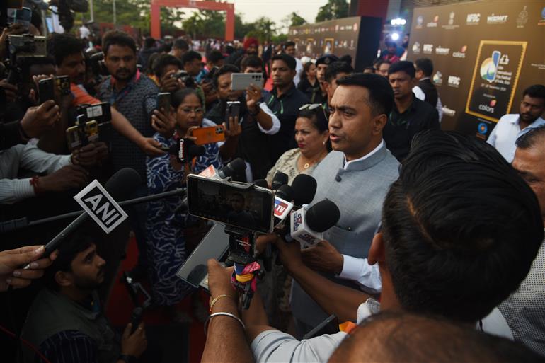 The Chief Minister of Goa, Dr. Pramod Sawant interacting with media during the 55th IFFI Closing Ceremony, in Goa on November 28, 2024. 