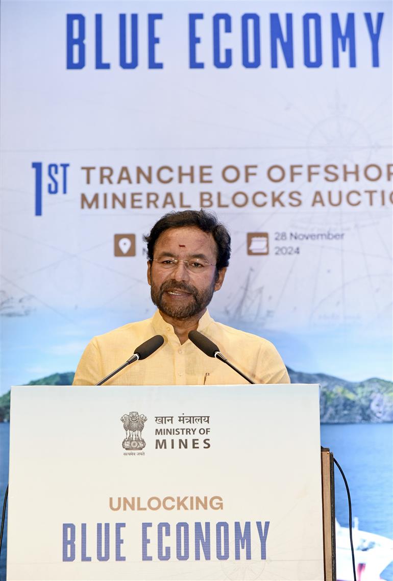 The Union Minister for Coal and Mines, Shri G. Kishan Reddy addressing the gathering during the Launch event of First Tranche of Offshore Mineral Blocks Auction at Convention Hall of The Ashok Hotel, in New Delhi on November 28, 2024.