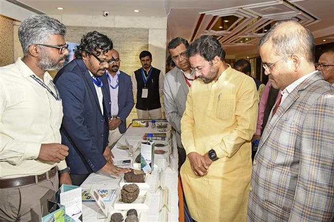 The Union Minister for Coal and Mines, Shri G. Kishan Reddy took a walkthrough of exhibition showcased on the ‘Geological Treasures’ at the Launch event of First Tranche of Offshore Mineral Blocks Auction at Convention Hall of The Ashok Hotel, in New Delhi on November 28, 2024.