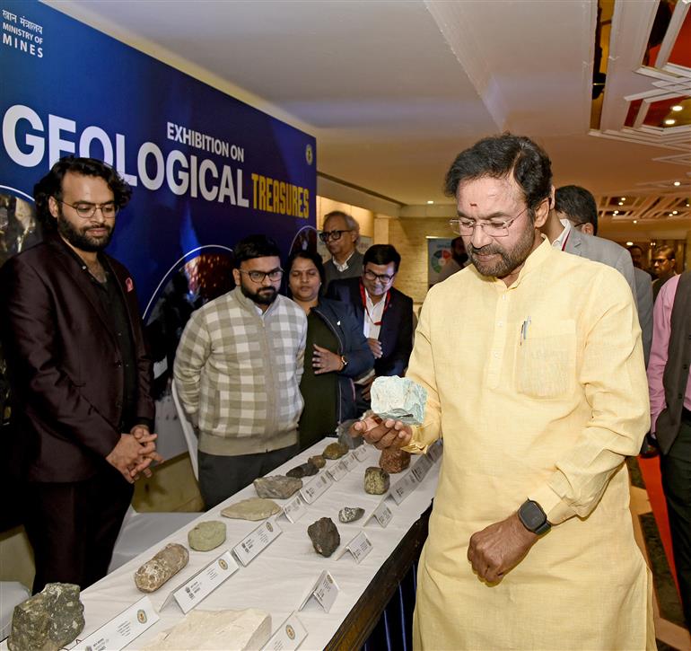 The Union Minister for Coal and Mines, Shri G. Kishan Reddy took a walkthrough of exhibition showcased on the ‘Geological Treasures’ at the Launch event of First Tranche of Offshore Mineral Blocks Auction at Convention Hall of The Ashok Hotel, in New Delhi on November 28, 2024.