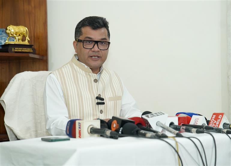 The Minister of State for External Affairs and Textiles, Shri Pabitra Margherita addressing a press conference on Skilling Youth - Startup Ecosystem, in New Delhi on November 29, 2024.