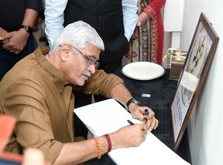 The Union Minister of Culture and Tourism, Shri Gajendra Singh Shekhawat took a walkthrough of exhibition showcased on the inauguration of ‘Shunyata’, an exhibition of paintings by Shri Abhay K. at Ajanta Hall of National Museum, in New Delhi on November 29, 2024.