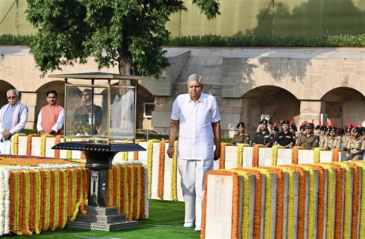 The Vice President of India, Shri Jagdeep Dhankhar paying homage at the Samadhi of Mahatma Gandhi on the occasion of Gandhi Jayanti at Rajghat, in New Delhi on October 02, 2024.