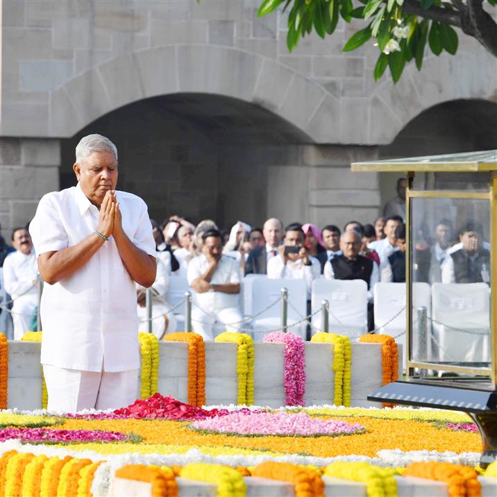The Vice President of India, Shri Jagdeep Dhankhar paying homage at the Samadhi of Mahatma Gandhi on the occasion of Gandhi Jayanti at Rajghat, in New Delhi on October 02, 2024.