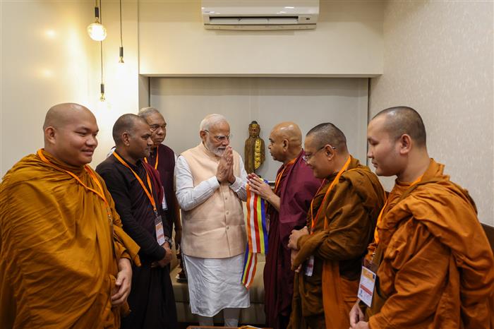 Buddhist leaders meeting PM and expressed gratitude that Pali and Marathi were declared Classical Languages, in Mumbai, Maharashtra on October 05, 2024.