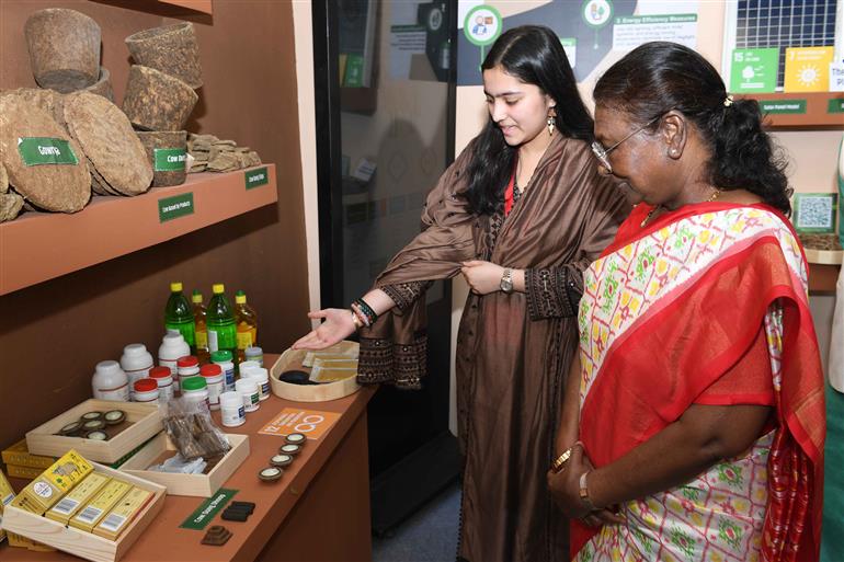 The President of India, Smt Droupadi Murmu visits an exhibition during the 7th foundation day of All India Institute of Ayurveda (AIIA), in New Delhi on October 09, 2024.