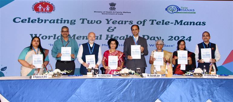 The Additional Secretary, MoHFW & Managing Director, National Health Mission, Smt. Aradhana Patnaik launched the Tele MANAS app and Tele MANAS video call facility on the occasion of World Mental Health Day in the presence of Dr. Roderico H. Ofrin, World Health Organization (WHO) Representative to India, Shri Saurabh Jain, Joint Secretary, MoHFW, Dr. Partima Murthy, Director, National Institute of Mental Health and Neuro Sciences (NIMHANS) and other senior officers from the Ministry, in New Delhi on October 10, 2024.