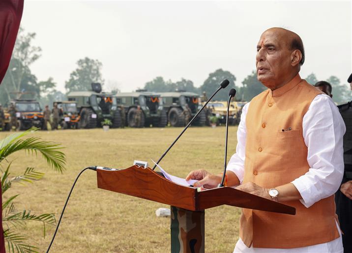The Union Minister for Defence, Shri Rajnath Singh addressing at the occasion of Dussehra at the Sukna Military Station, Darjeeling in West Bengal on October 12, 2024.