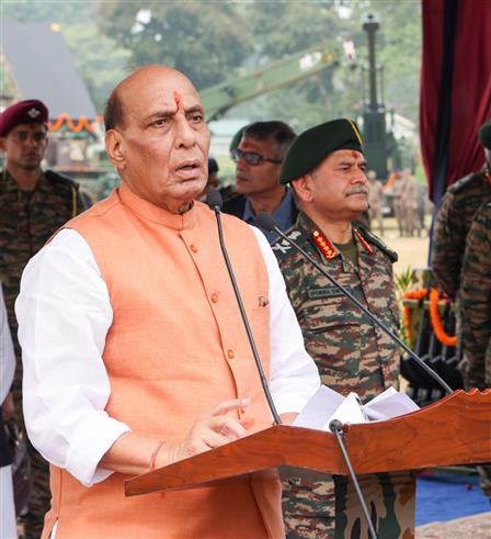 The Union Minister for Defence, Shri Rajnath Singh addressing at the occasion of Dussehra at the Sukna Military Station, Darjeeling in West Bengal on October 12, 2024.