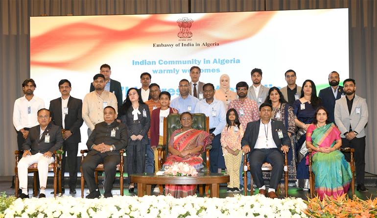 The President of India, Smt Droupadi Murmu graces an Indian Community Reception at Algiers, in Algeria on October 13, 2024.