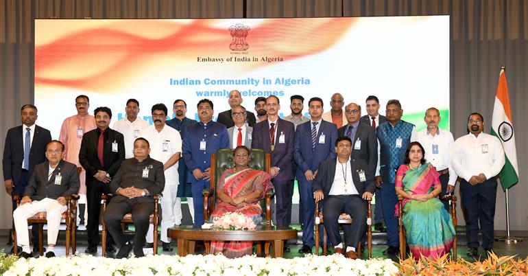 The President of India, Smt Droupadi Murmu graces an Indian Community Reception at Algiers, in Algeria on October 13, 2024.
