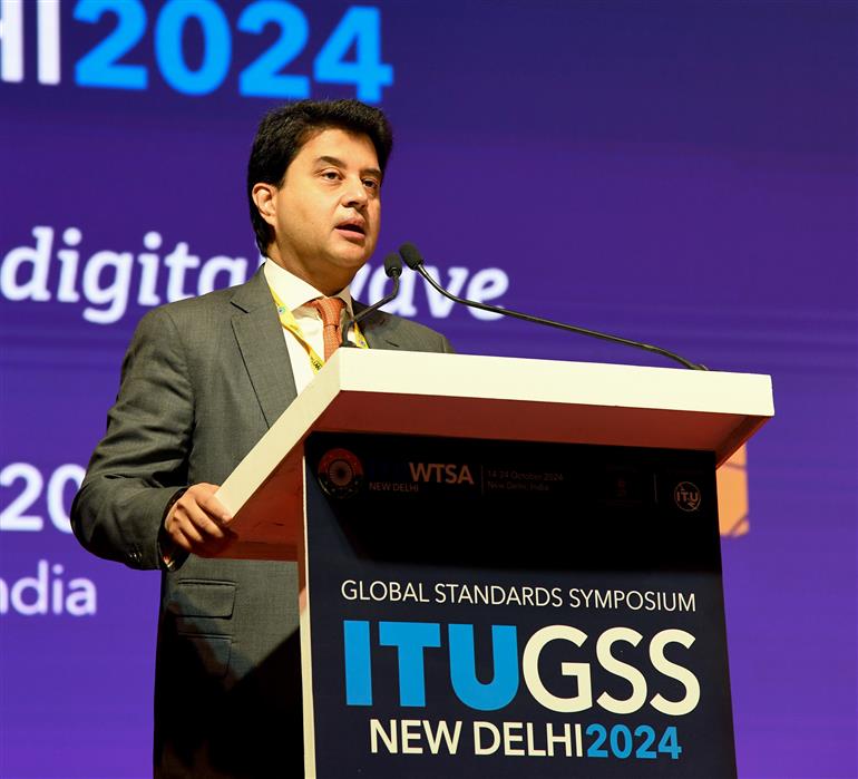 The Union Minister of Communications and Development of North Eastern Region (DoNER), Shri Jyotiraditya M. Scindia addressing at the inauguration of the Fifth Global Standards Symposium, in New Delhi on October 14, 2024.