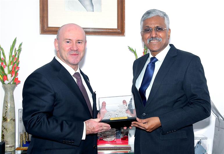 The Defence Secretary, Shri Giridhar Aramane with Secretary (Department of Defence), Australia Mr Greg Moriarty, in New Delhi on October 14, 2024.