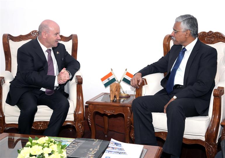 The Defence Secretary, Shri Giridhar Aramane with Secretary (Department of Defence), Australia Mr Greg Moriarty, in New Delhi on October 14, 2024.