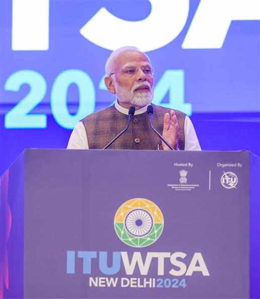 PM addressing the gathering at the inauguration of ITU World Telecommunication Standardization Assembly and India Mobile Congress at Bharat Mandapam, in New Delhi on October 15, 2024.