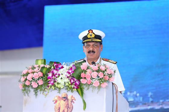 The Chief of the Naval Staff Admiral Dinesh K Tripathi addressing the gathering at foundation stone laying ceremony of Very Low Frequency Station of the Indian Navy to bolster Navy’s operational readiness at Vikarabad, in Telangana on October 15, 2024.