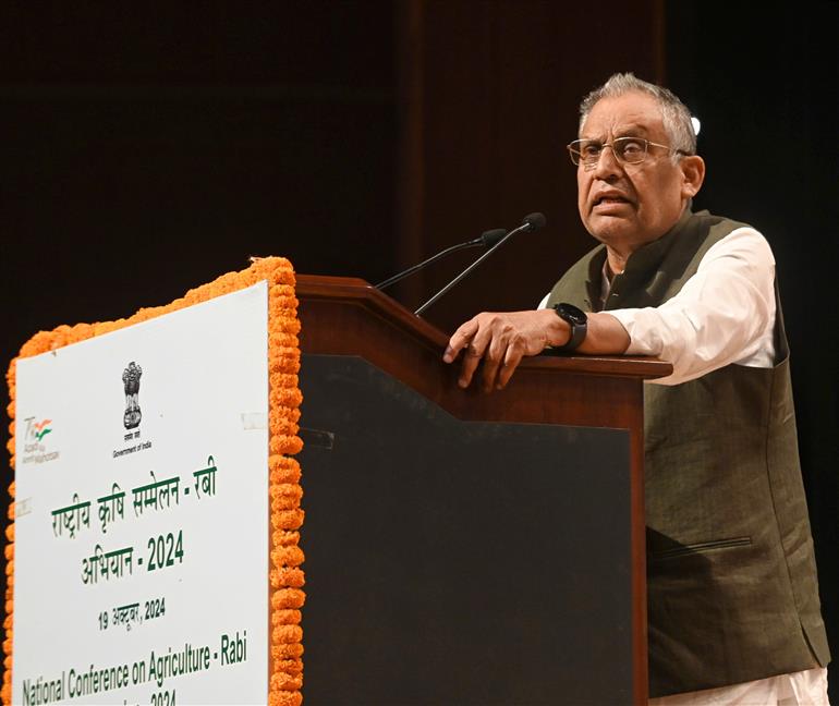 The Minister of State for Agriculture and Farmers Welfare, Shri Ram Nath Thakur addressing at the inauguration of National Conference on Agriculture for Rabi Campaign - 2024 at the Bharat Ratna C. Subramaniam Auditorium, NASC Complex, PUSA, in New Delhi on October 19, 2024.