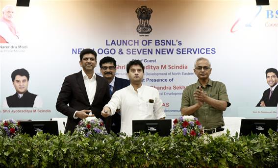 The Union Minister of Communications and Development of North Eastern Region (DoNER), Shri Jyotiraditya M. Scindia and the Minister of State for Rural Development and Communications, Dr. Chandra Sekhar Pemmasani at the launch of BSNL’s New Logo and Seven New Services, in New Delhi on October 22, 2024.