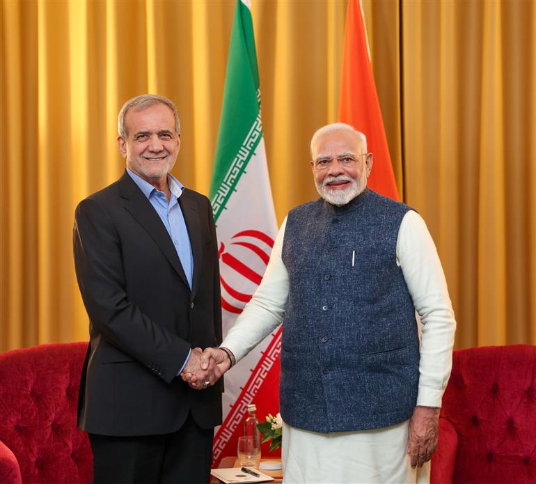 PM in a bilateral meeting with the President of the Islamic Republic of Iran, Dr. Masoud Pezeshkian, on the sidelines of the 16th BRICS Summit at Kazan, in Russia on October 22, 2024.