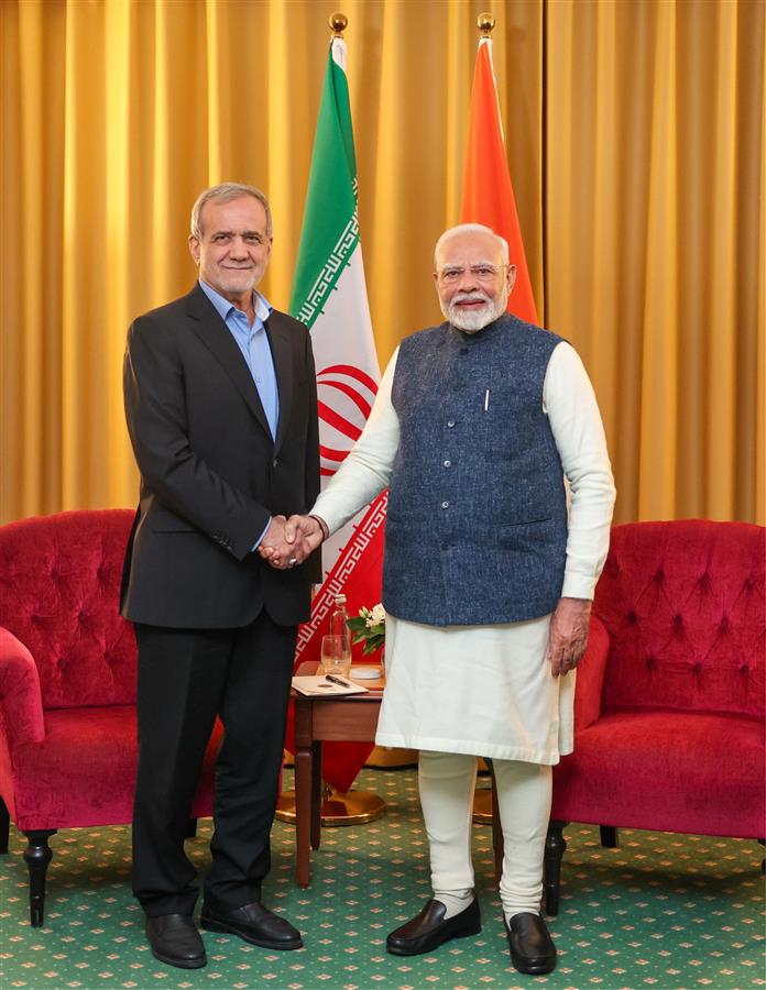 PM in a bilateral meeting with the President of the Islamic Republic of Iran, Dr. Masoud Pezeshkian, on the sidelines of the 16th BRICS Summit at Kazan, in Russia on October 22, 2024.