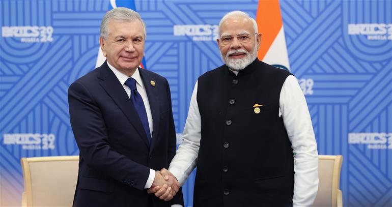 PM in a bilateral meeting with the President of the Republic of Uzbekistan, Mr. Shavkat Mirziyoyev, on the sidelines of the 16th BRICS Summit at Kazan, in Russia on October 23, 2024.