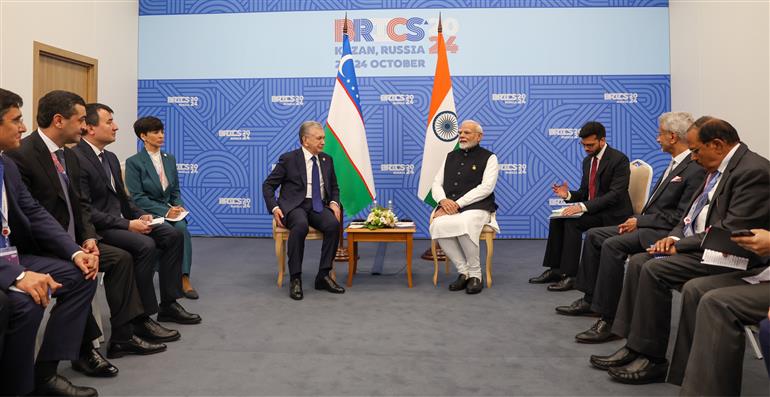 PM in a bilateral meeting with the President of the Republic of Uzbekistan, Mr. Shavkat Mirziyoyev, on the sidelines of the 16th BRICS Summit at Kazan, in Russia on October 23, 2024.