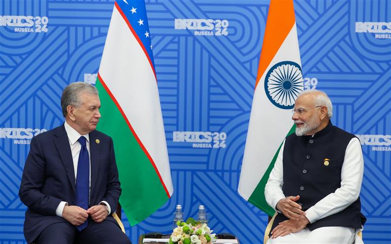 PM in a bilateral meeting with the President of the Republic of Uzbekistan, Mr. Shavkat Mirziyoyev, on the sidelines of the 16th BRICS Summit at Kazan, in Russia on October 23, 2024.