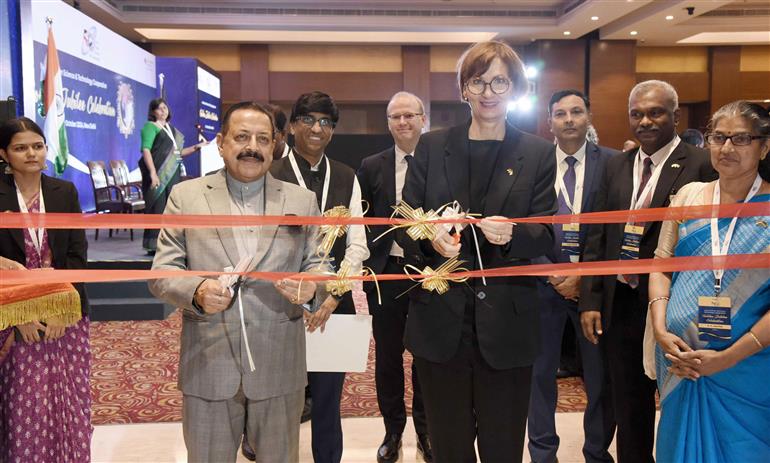 The Minister of State for Science & Technology (Independent Charge), Earth Sciences (Independent Charge), Prime Minister’s Office, Personnel, Public Grievances & Pensions, Atomic Energy and Space, Dr. Jitendra Singh inaugurates the Exhibition on “Golden Jubilee Celebration of Indo-German Science & Technology Cooperation” at Lalit Hotel, in New Delhi on October 24, 2024.