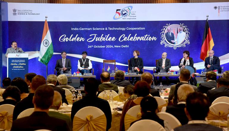 The Minister of State for Science & Technology (Independent Charge), Earth Sciences (Independent Charge), Prime Minister’s Office, Personnel, Public Grievances & Pensions, Atomic Energy and Space, Dr. Jitendra Singh addressing the “Golden Jubilee Celebration of Indo-German Science & Technology Cooperation” at Lalit Hotel, in New Delhi on October 24, 2024.