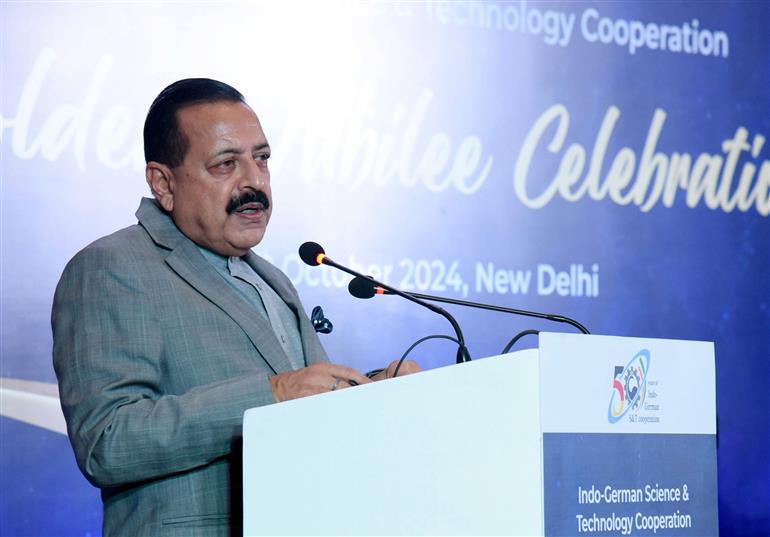 The Minister of State for Science & Technology (Independent Charge), Earth Sciences (Independent Charge), Prime Minister’s Office, Personnel, Public Grievances & Pensions, Atomic Energy and Space, Dr. Jitendra Singh addressing the “Golden Jubilee Celebration of Indo-German Science & Technology Cooperation” at Lalit Hotel, in New Delhi on October 24, 2024.
