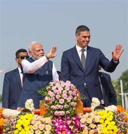 PM along with the Prime Minister of Spain, Mr. Pedro Sanchez receive warm welcome by people during their roadshow at Vadodara, in Gujarat on October 28, 2024.