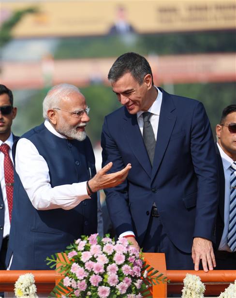 PM along with the Prime Minister of Spain, Mr. Pedro Sanchez receive warm welcome by people during their roadshow at Vadodara, in Gujarat on October 28, 2024.