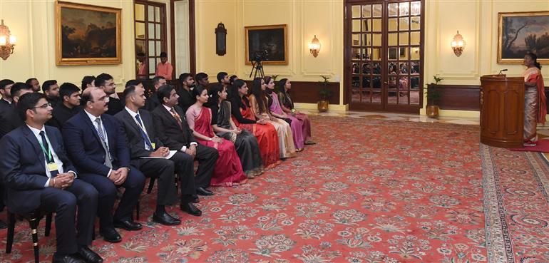 The President of India, Smt Droupadi Murmu addressing the Probationers of Indian Trade Service and Indian Cost Accounts Service at Rashtrapati Bhavan, in New Delhi on October 29, 2024.