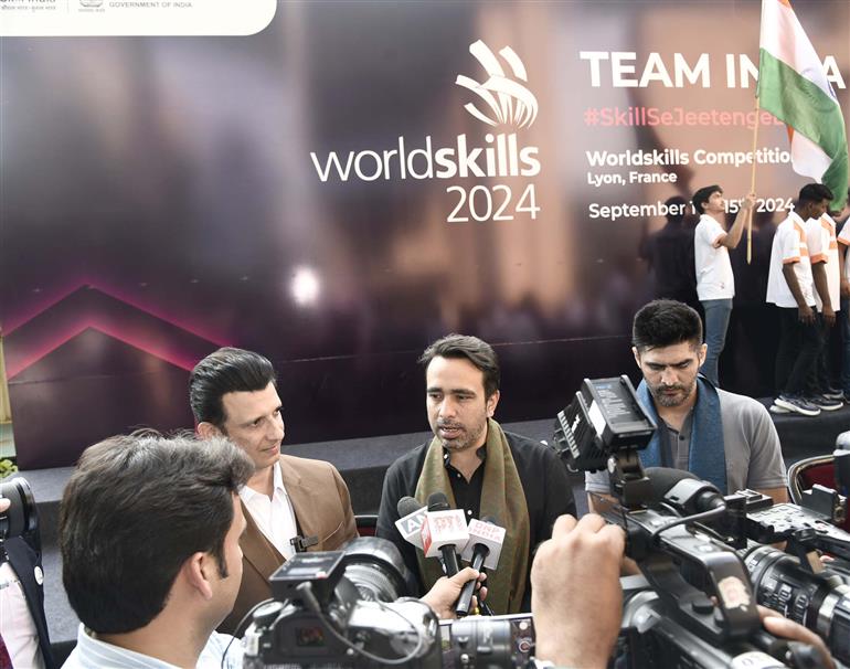 The Minister of State (Independent Charge) for Skill Development and Entrepreneurship & Education, Shri Jayant Chaudhary interacting with media during the Team India’s send-off ceremony on the sidelines of upcoming WorldSkills Competition - 2024 (France) at Kaushal Bhawan, in New Delhi on September 03, 2024.