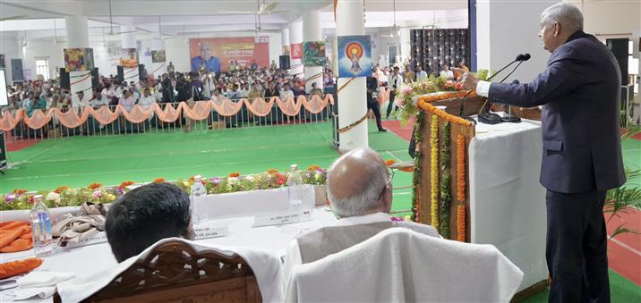 The Vice President of India, Shri Jagdeep Dhankhar addressing the gathering at a National Symposium at Jagadguru Rambhadracharya Divyang State University (Chitrakoot), in Madhya Pradesh on September 07, 2024.