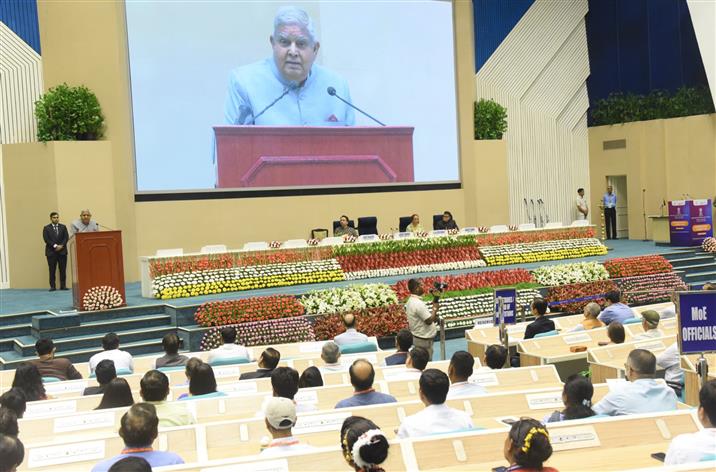 The Vice President, Shri Jagdeep Dhankhar addressing the gathering at the International Literacy Day celebrations at Vigyan Bhavan, in New Delhi on September 08, 2024.