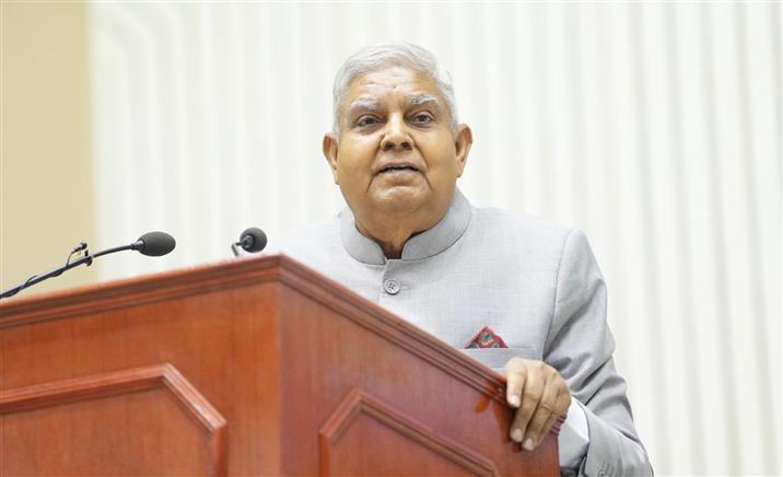 The Vice President, Shri Jagdeep Dhankhar addressing the gathering at the International Literacy Day celebrations at Vigyan Bhavan, in New Delhi on September 08, 2024.