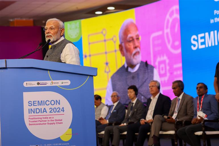 PM addressing the gathering at the inauguration of SEMICON India 2024 at India Expo Mart, Greater Noida, in Uttar Pradesh on September 11, 2024.