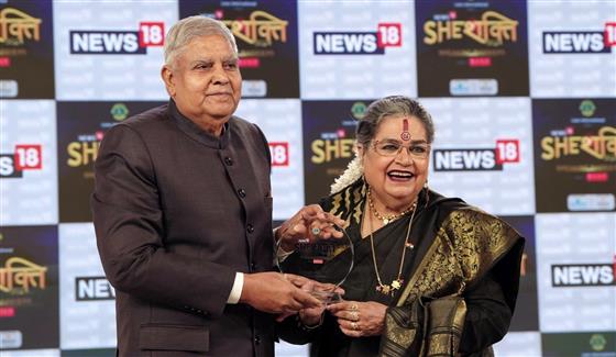 The Vice President of India, Shri Jagdeep Dhankhar felicitating Women Achievers, Ms. Avani Lekhara, Paralympian, Ms. Nouf Marwaai, President, Saudi Yoga Committee and Ms. Usha Uthup, Singer, at ‘News18 SheShakti 2024’ in New Delhi on September 16, 2024.