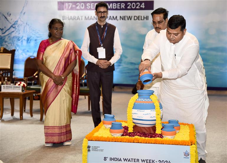 The President of India, Smt Droupadi Murmu graces the 8th India Water Week, in New Delhi on September 17, 2024. The Union Minister of Jal Shakti, Shri C R Patil and the Union Minister of State for Jal Shakti, Shri Raj Bhushan Choudhary are present on the occasion. 