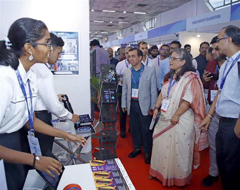 The Secretary, Ministry of Jal Shakti (DoWR,RD&GR), Ms. Debashree Mukherjee visits the 8th India Water Week Exhibition at Bharat Mandapam, in New Delhi on September 18, 2024.