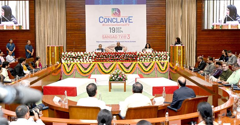 The Speaker, Lok Sabha, Shri Om Birla attends the Sansad TV@3 Conclave at Parliament House Annexe, in New Delhi on September 19, 2024.