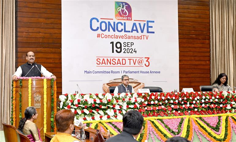 The Speaker, Lok Sabha, Shri Om Birla delivering concluding remarks at Sansad TV@3 Conclave at Parliament House Annexe, in New Delhi on September 19, 2024.