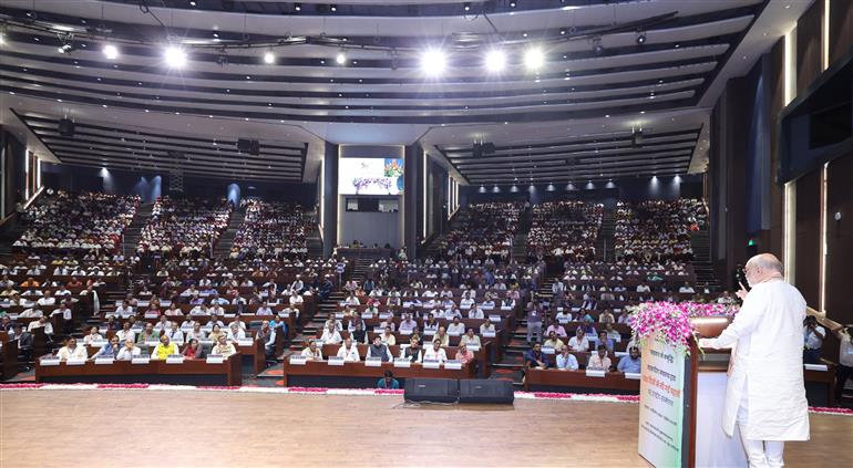 The Union Minister for Home Affairs and Cooperation, Shri Amit Shah addressing the gathering during the National Conference organized on Initiatives taken in 100 Days by the Ministry of Cooperation on theam “Sahakaar se Samrddhee” at Bharat Ratna C. Subramaniam Auditorium, in New Delhi on September 19, 2024.