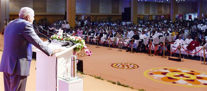 The Vice President, Shri Jagdeep Dhankhar addressing the gathering at the inauguration ceremony of 2nd edition of “UP International Trade Show” at Gautam Buddha Nagar, in Uttar Pradesh on September 25, 2024.