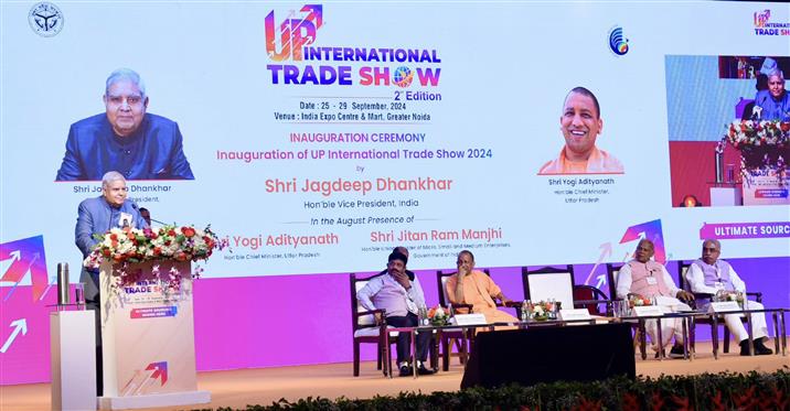 The Vice President, Shri Jagdeep Dhankhar addressing the gathering at the inauguration ceremony of 2nd edition of “UP International Trade Show” at Gautam Buddha Nagar, in Uttar Pradesh on September 25, 2024.