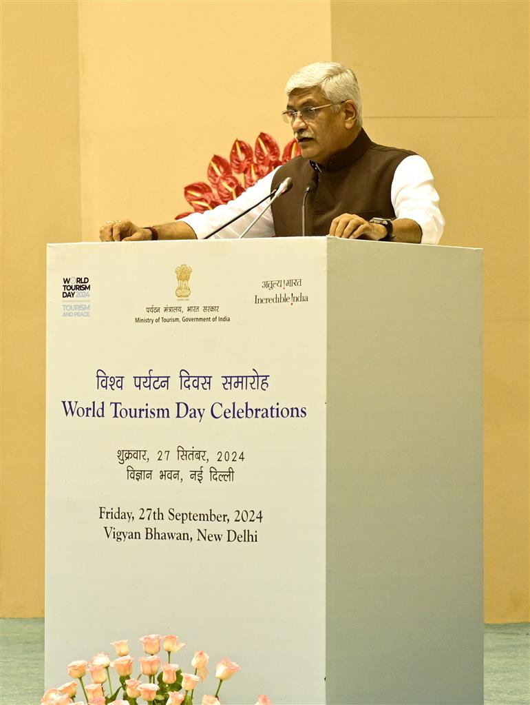 The Union Minister of Culture and Tourism, Shri Gajendra Singh Shekhawat addressing the gathering at World Tourism Day Celebrations, in New Delhi on September 27, 2024.