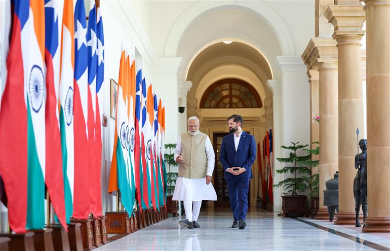 PM meets the President of the Republic of Chile, Mr. Gabriel Boric Font at Hyderabad House, in New Delhi on April 01, 2025.