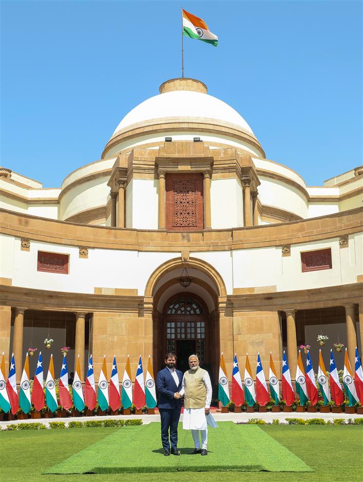 PM meets the President of the Republic of Chile, Mr. Gabriel Boric Font at Hyderabad House, in New Delhi on April 01, 2025.